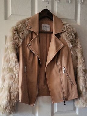 Guess Rose Tan Moto Jacket with Faux Fur Sleeves